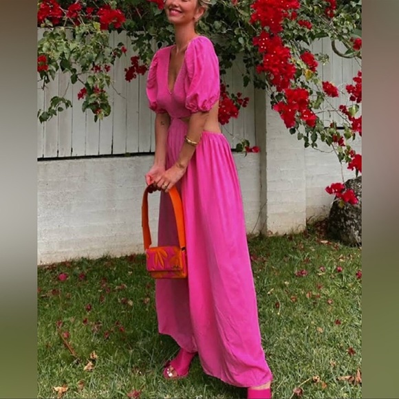 {Zara} Cut Out Poplin Dress Fuchsia Long Bloggers Favorite NWT • L - Picture 1 of 9